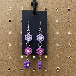 Purple Dangled flower Perler Bead Earrings
